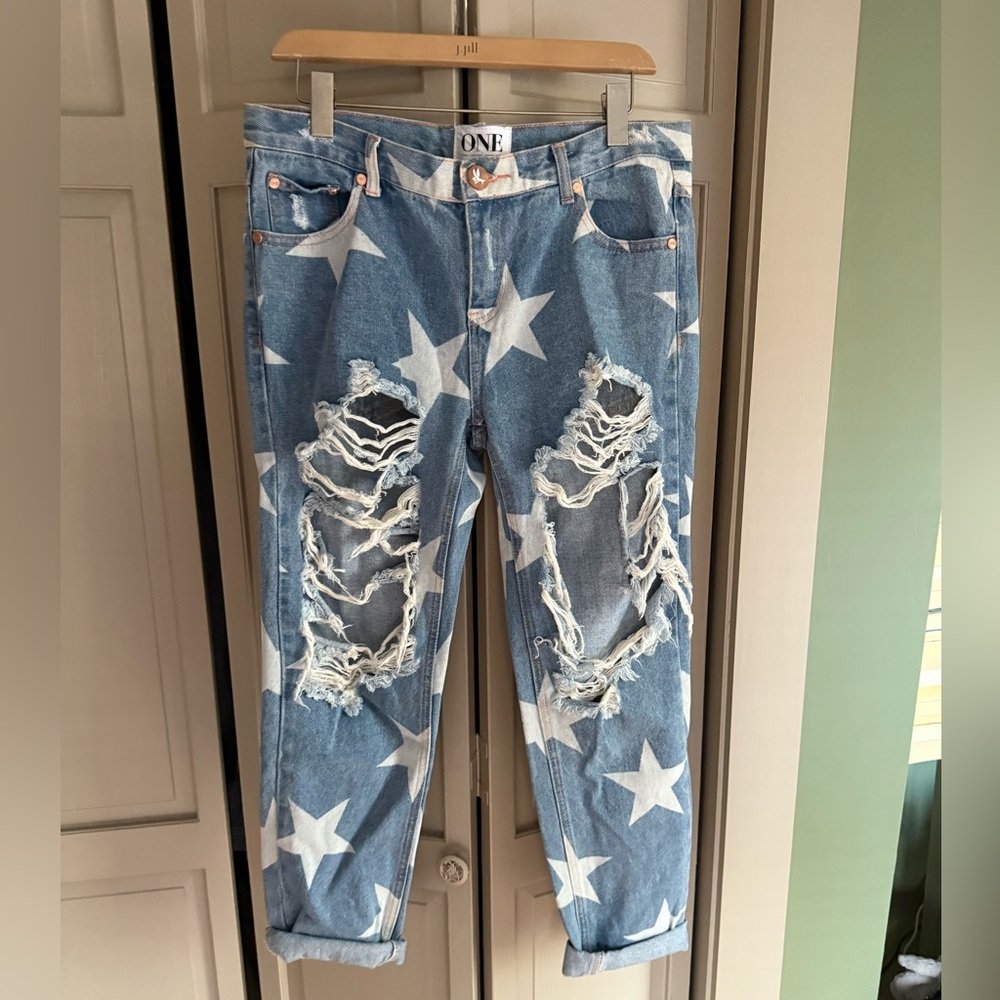 One Teaspoon star patterned women's ripped straight leg jeans